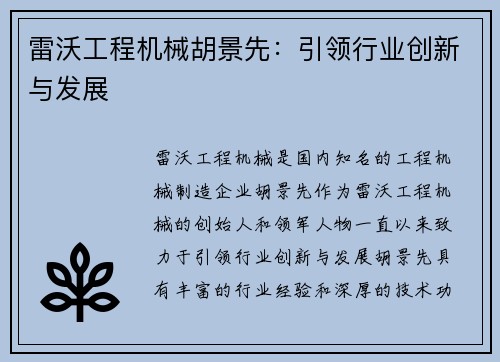 雷沃工程机械胡景先：引领行业创新与发展